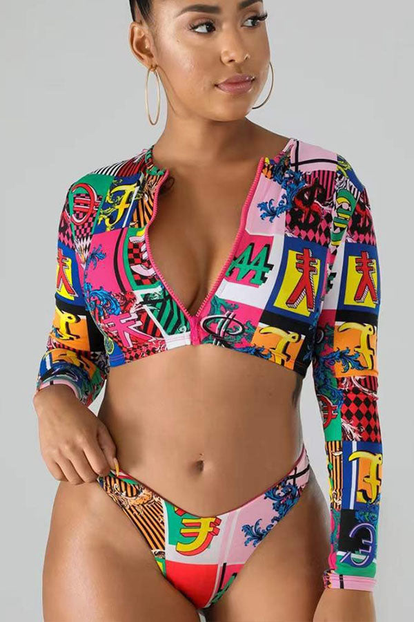 Block Print Bathing Suit Zipper Up Crop Long Sleeved Swimsuit UPF50+ Rash Guard