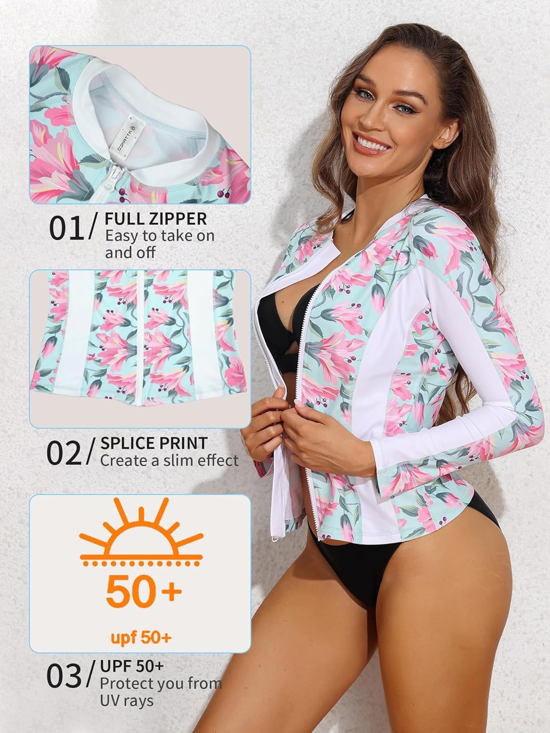 Muque de traje de baño de estampado para mujeres Camisa de natación con protección del sol delantero UPF 50+