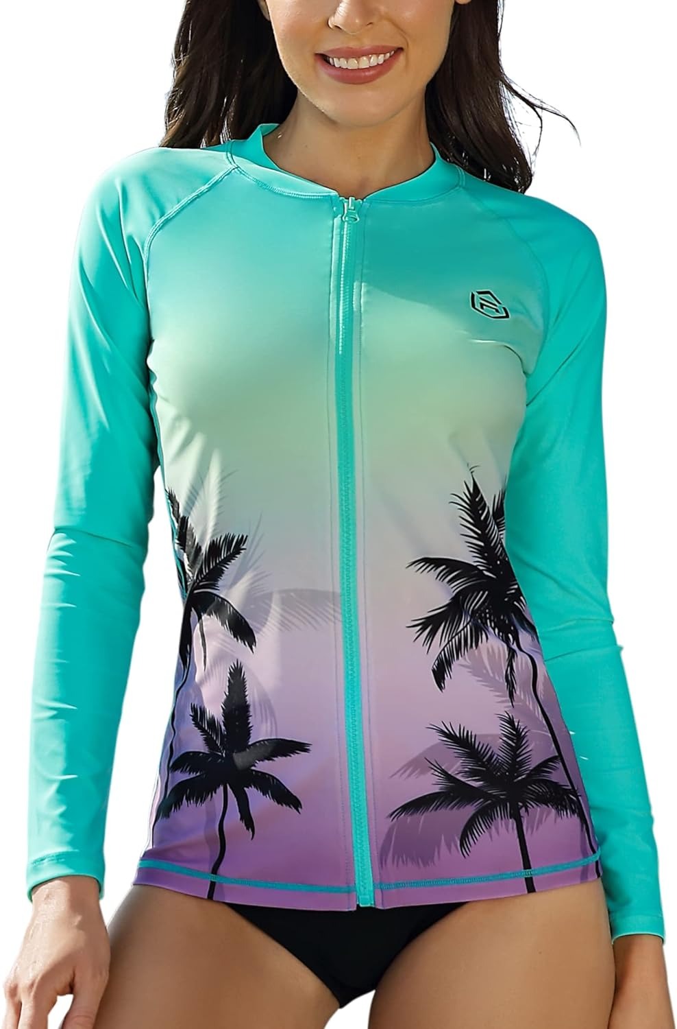 Color Gradient Zipper Long Sleeve Swim Shirt UPF50+ Rash Guard