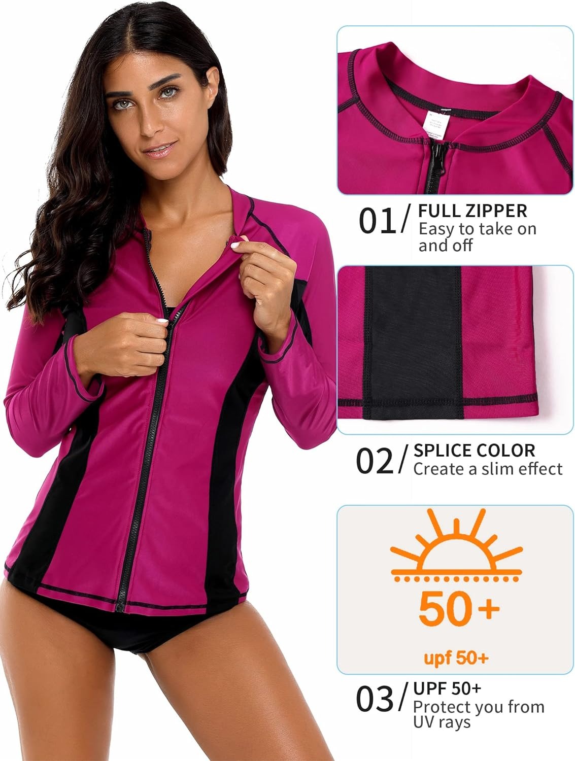Magenta and Black Color-Block Long Sleeve Swim Shirt UPF50+