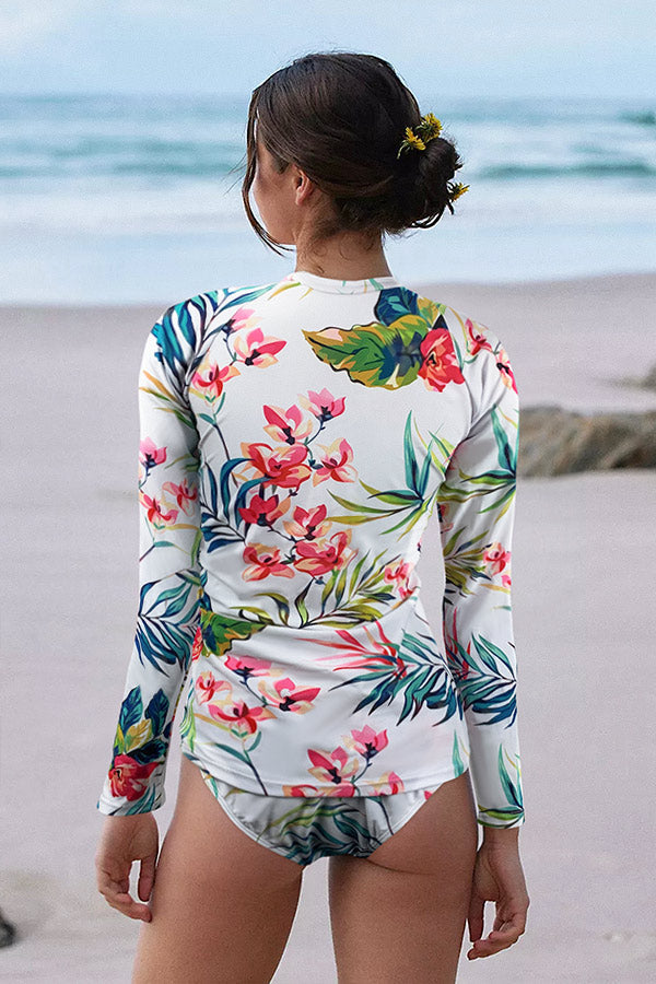 Floral Print Split Pullover Long Sleeve UPF50+ Rash Guard