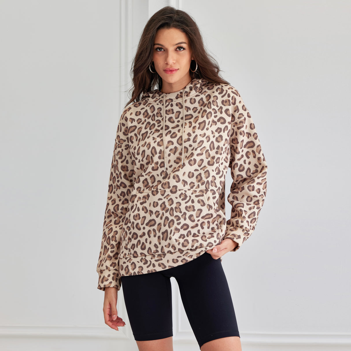 Leopard Print Hooded Oversized Comfort Sweatshirt with Pocket
