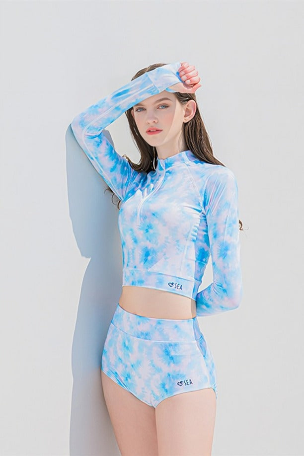 Fashionable and Sexy Tie Dye Print Long -Sleeved Swimsuit UPF50+ Rash Guard