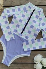 Purple-Green Block Plaid Printed Long Sleeve Swimsuit UPF50+ Rash Guard