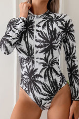 Coconut Tree Printed One Piece Long Sleeved Swimsuit UPF50+ Rash Guard