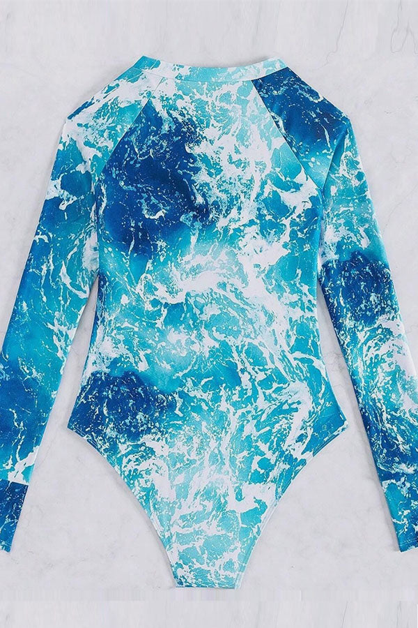 Printed Half Zipper Long Sleeve One-piece Swimsuit UPF50+ Rash Guard