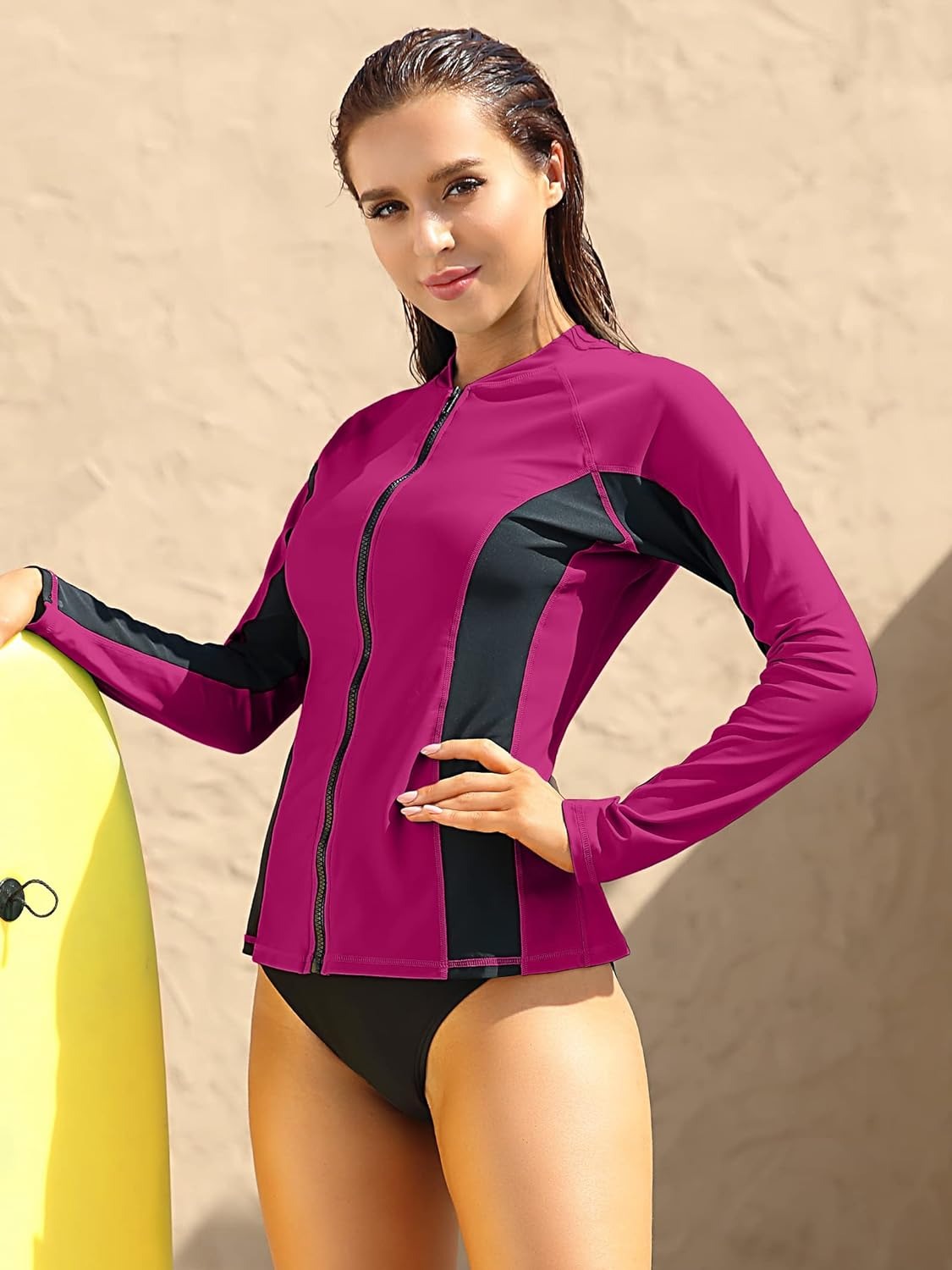 Magenta and Black Color-Block Long Sleeve Swim Shirt UPF50+ Rash Guard