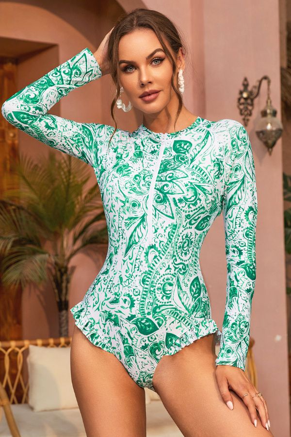 Green Paisley Stampa Zip Front One Piece Rash Guard
