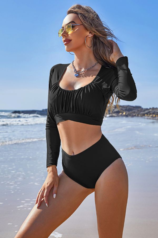 Black Ruffle Two Piece Rash Guard