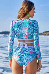 Floral Print Wrap Cross Two Piece Rash Guard