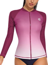 Red Gradient Zipper Long Sleeve Swim Shirt UPF50+ Rash Guard