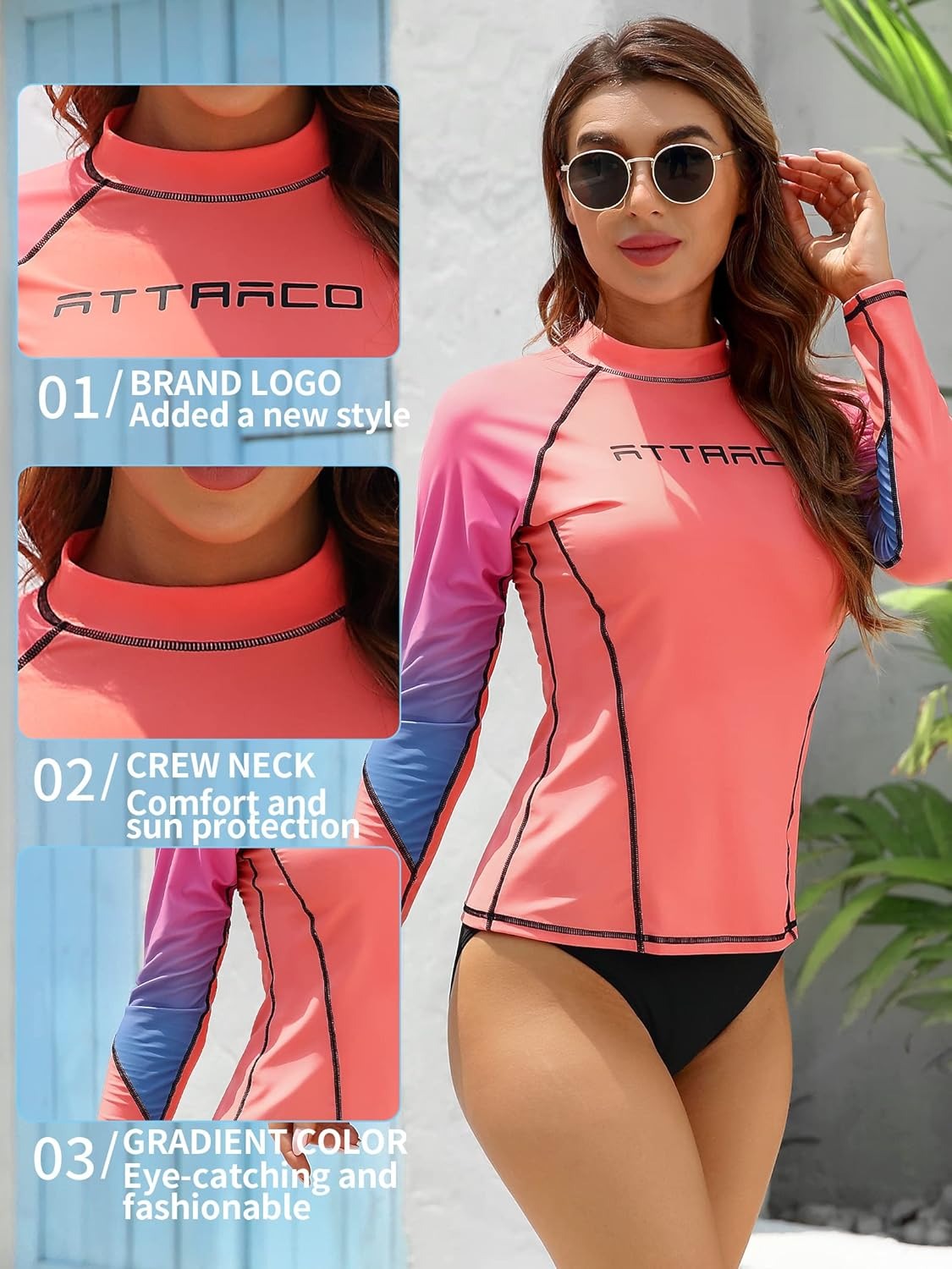Women Long Sleeve Stylish Pink Gradient Color Swim Shirts Rash Guard
