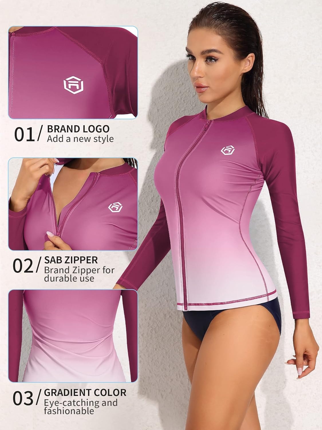 Red Gradient Zipper Long Sleeve Swim Shirt UPF50+ Rash Guard