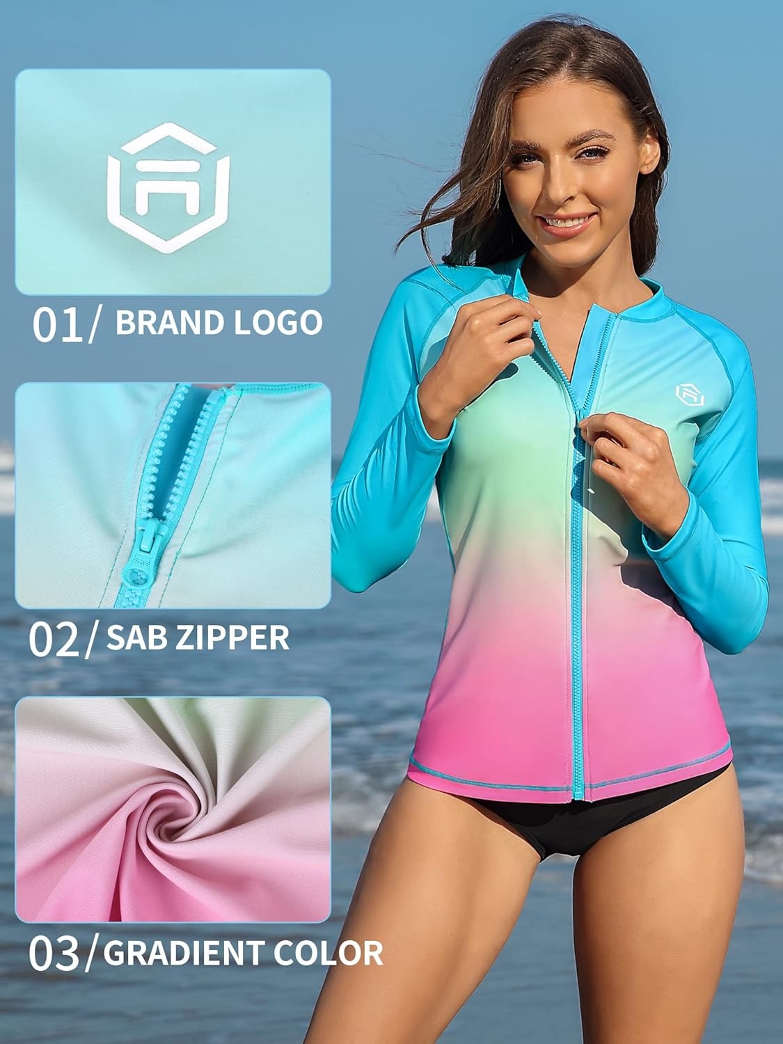 Color Gradient Zipper Long Sleeve Swim Shirt UPF50+ Rash