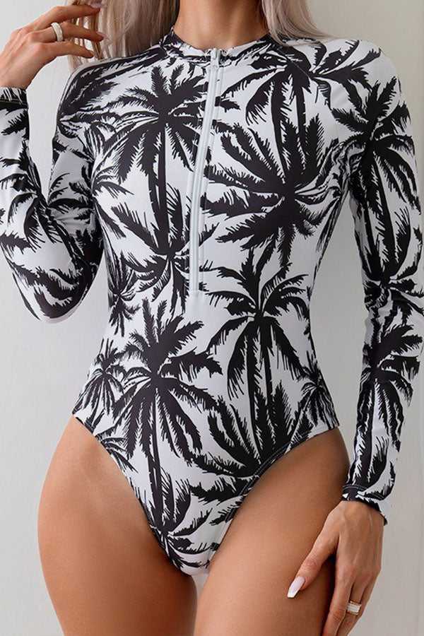 Coconut Tree Printed One Piece Long Sleeved Swimsuit UPF50+ Rash Guard