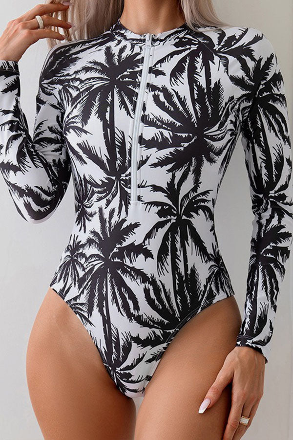 Kokosnussbaum gedruckt ein Stück lang Ärmeln Badeanzug UPF50+ Hautausschlag Guard