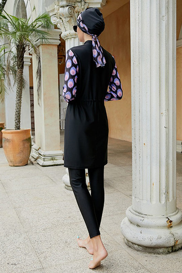 Womens Muslim Purple Print Long sleeve Three Pieces UPF50+ Rash Guard