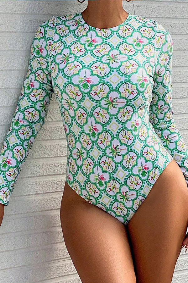 Green Floral Printed Backless One-Piece Long Sleeved UPF50+ Rash Guard