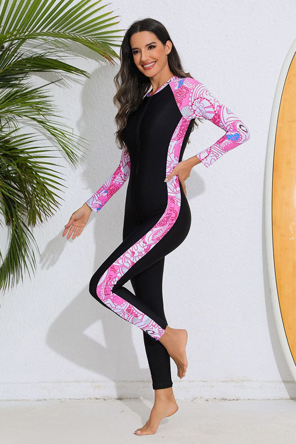 Women's Full-Coverage Brightly Pink Printed Sun Protection Wetsuit