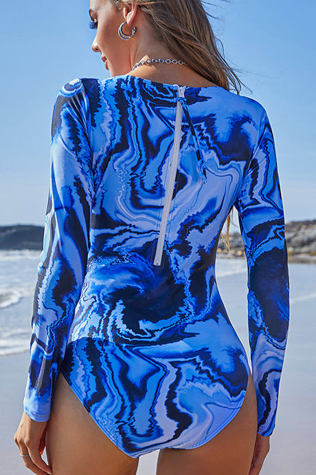 Marble Print Zip Back One Piece Rash Guard