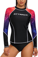 Women Long Sleeve Starry Sky Gradient Gradient Color Swim Shirts Rash Guard