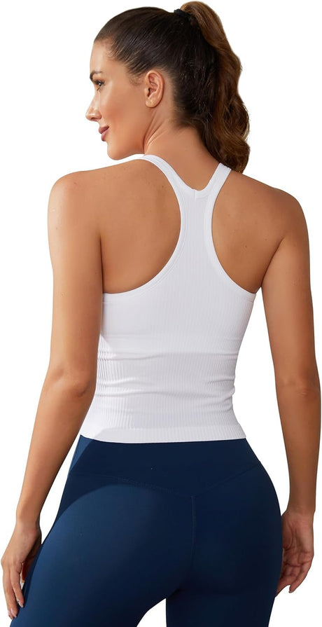 White Scoop Neck Racerback Waist Length Ribbed Workout Crop Tops Tank Top