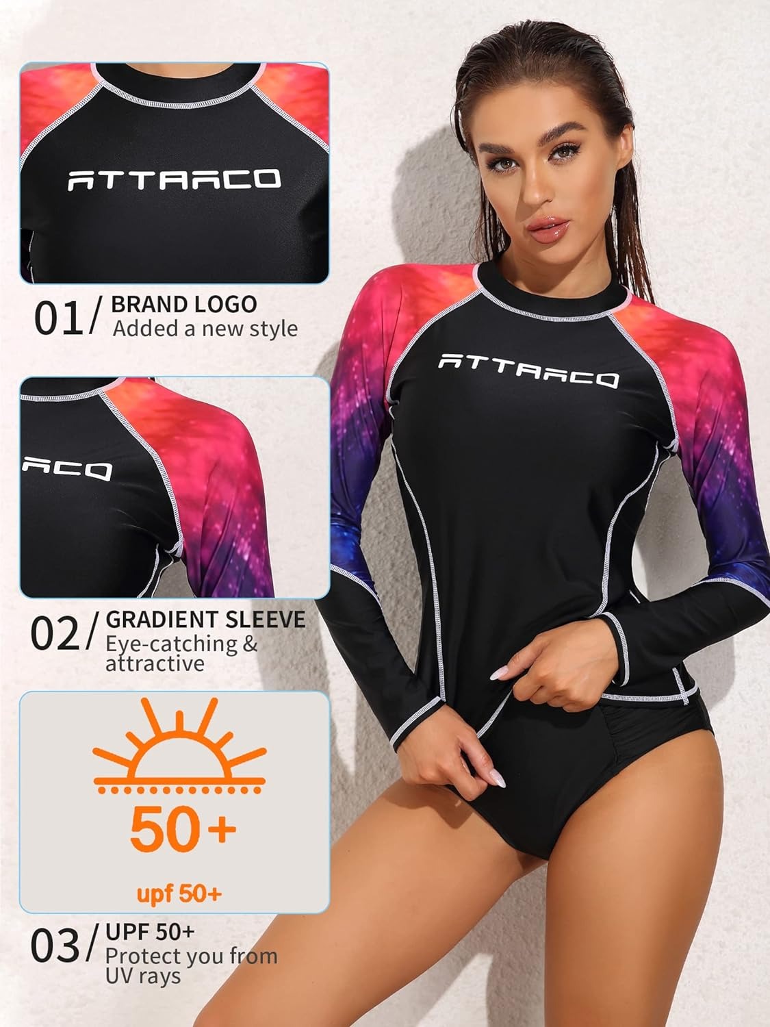 Femmes manches longues ciel étoilé dégradé dégradé couleur maillots de bain Rash Guard