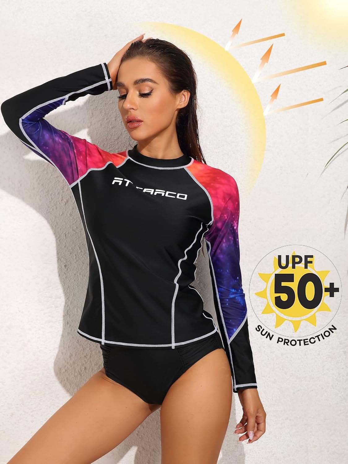 Attraco Rash Guard for Women Wasleve Long Eleeve Gradient Color Shirt Swim
