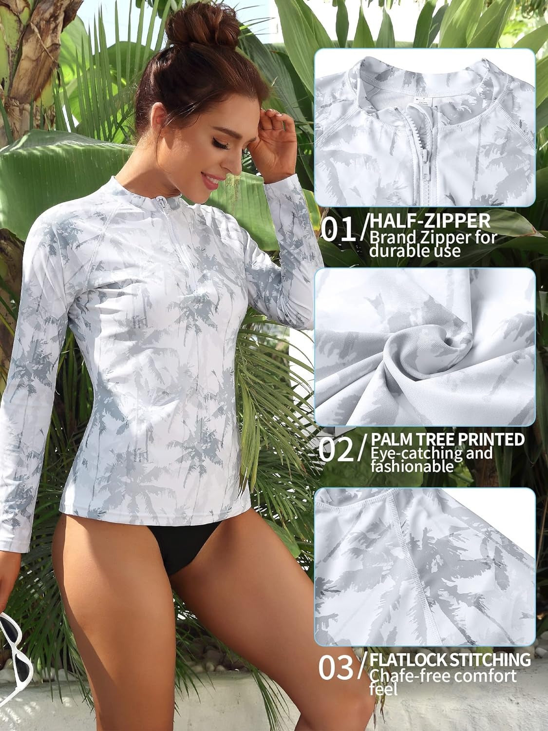 Women's  Coconut tree print Rashguard Front Sun Protection Swim Shirt UPF 50+