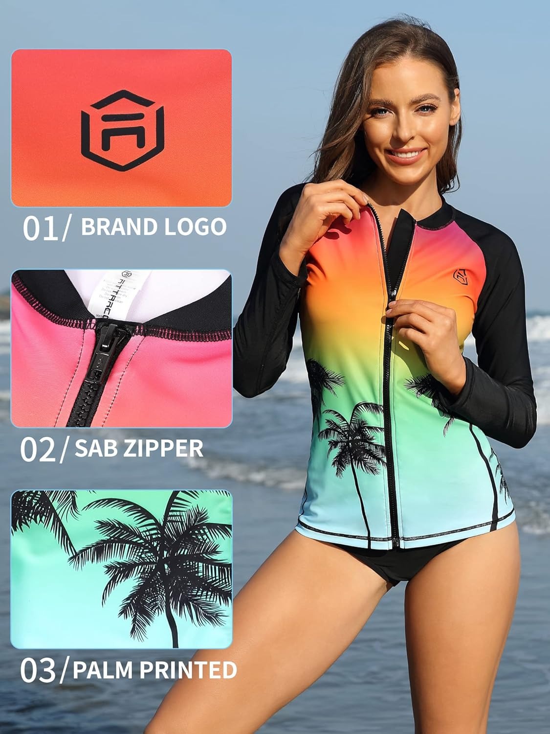 Sunset Gradient Zipper Long Sleeve Swim Shirt UPF50+ Rash