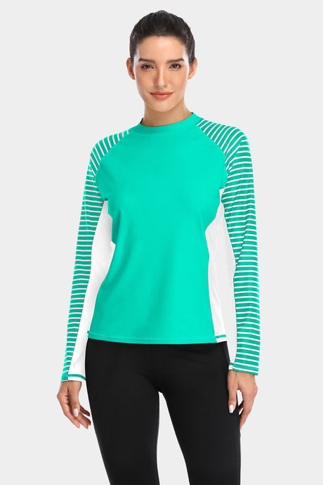 Women's Stripe Long Sleeves UPF 50+ Crew Rash Guard-Attraco | Fashion Outdoor Clothing