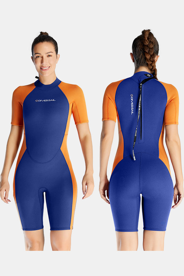 Women's Navy Blue Short Sleeve 1.5mm One-Piece Warm And Cold-Proof Wetsuit