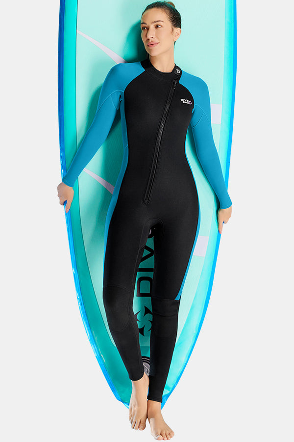 Women's Long Sleeve One-Piece Blue Wetsuit for Sun Protection