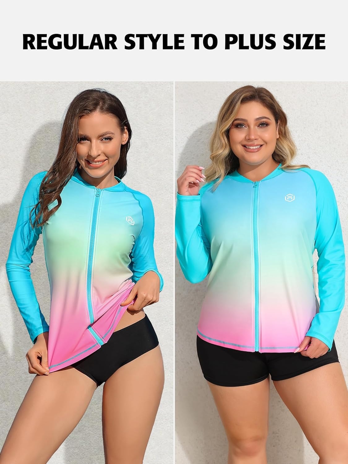 Color Gradient Zipper Long Sleeve Swim Shirt UPF50 Rash Guard Attraco