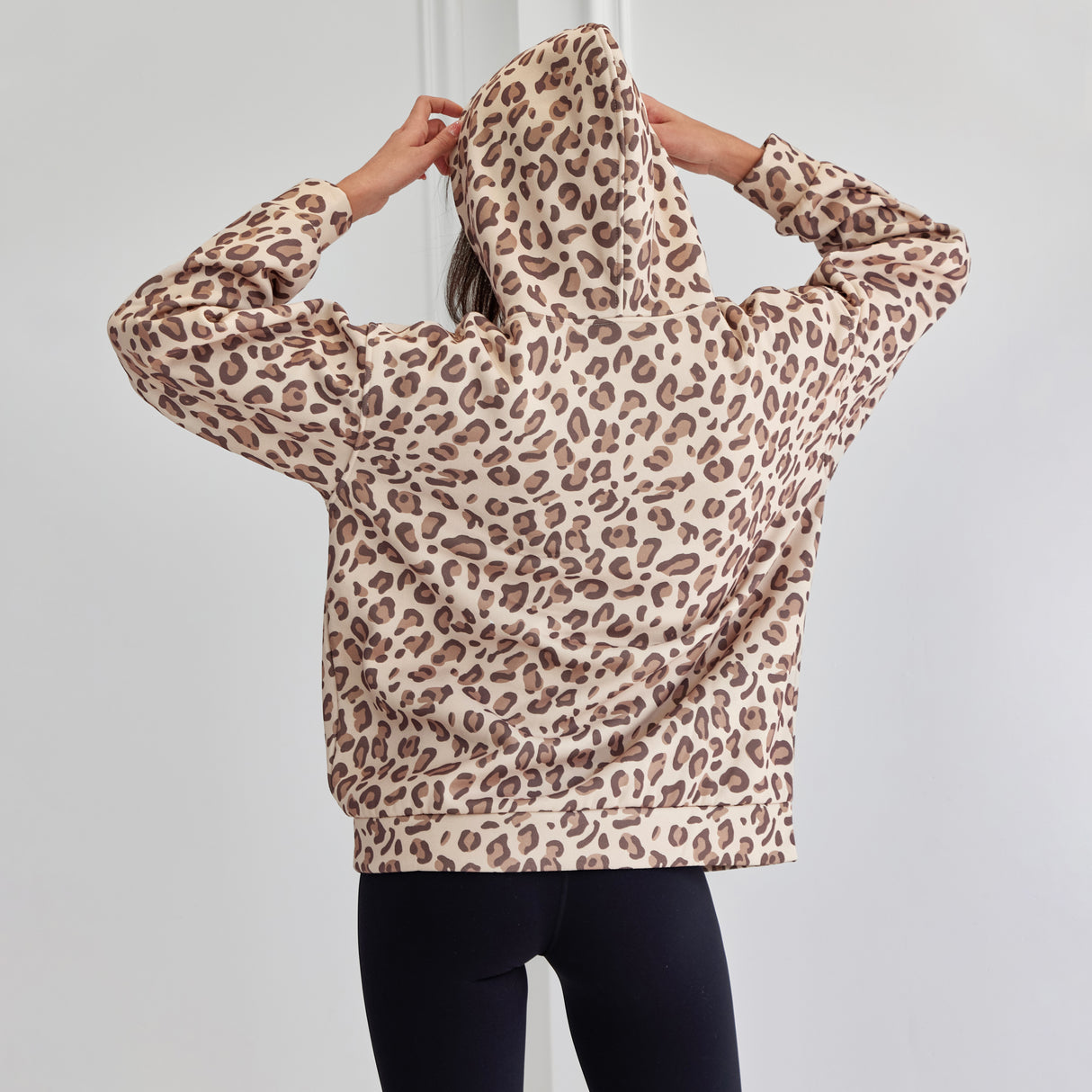 Leopard Print Hooded Oversized Comfort Sweatshirt with Pocket