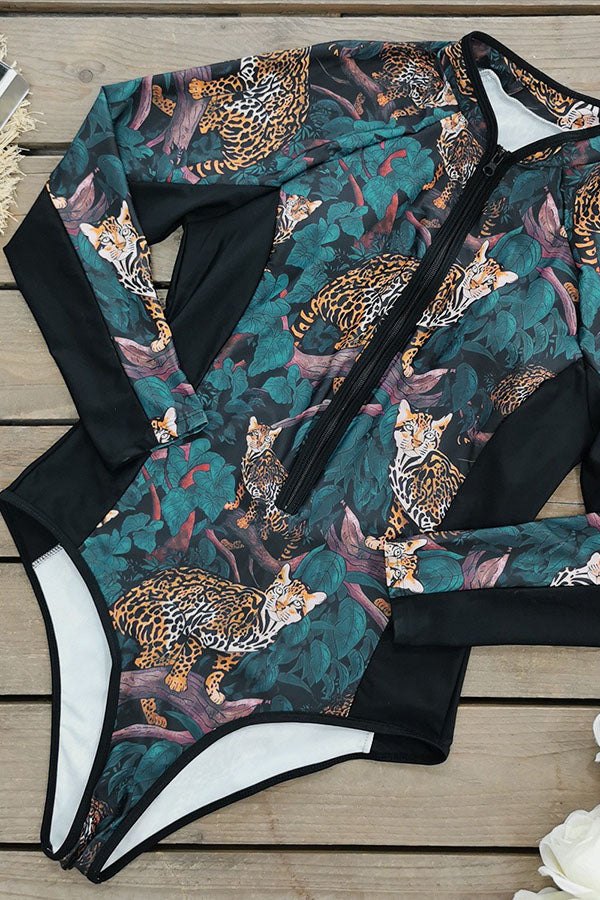 Plus Size Nautical long Sleeve Swimsuit Wild Leopard Print UPF50+ Rash Guard