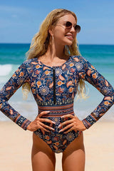 Paisley Printed Patchwork Long Sleeve Swimsuit One-piece UPF50+ Rash Guard