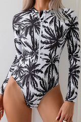 Coconut Tree Printed One Piece Long Sleeved Swimsuit UPF50+ Rash Guard