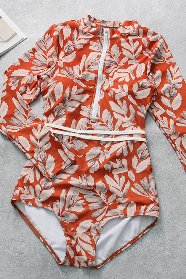 Sexy Backless One-Piece Red Bottom Leaf Print Long-Sleeved UPF50+ Rash Guard