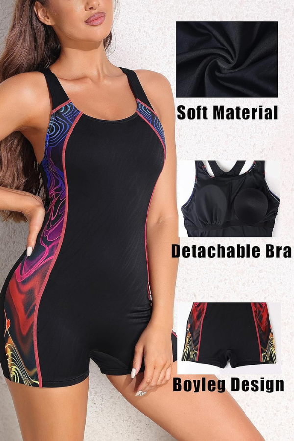 Women Boyleg One Piece Water Aerobic Competitive Bathing Suit Attraco