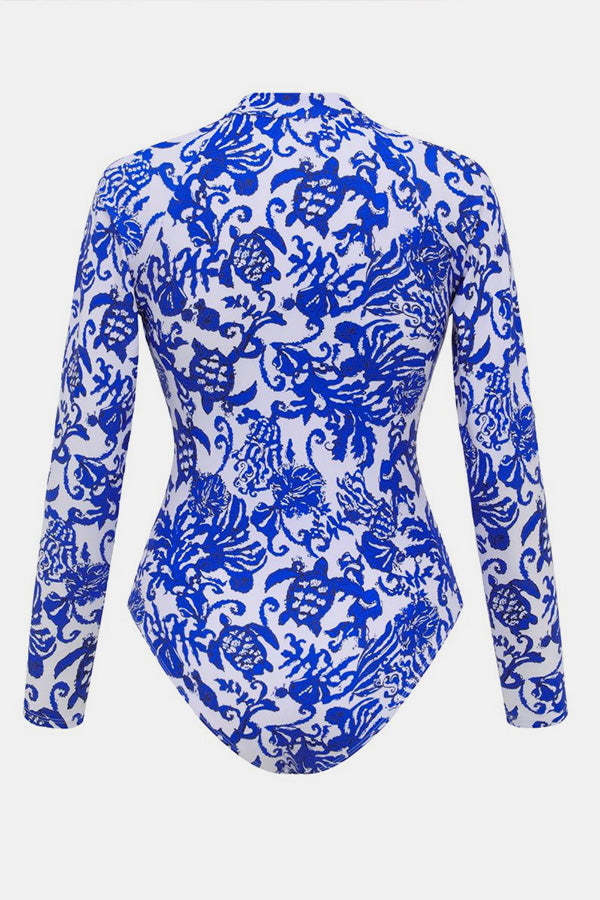 One-Piece Swimsuit With Zipper And Blue Willow Print UPF50+ Rash Guard