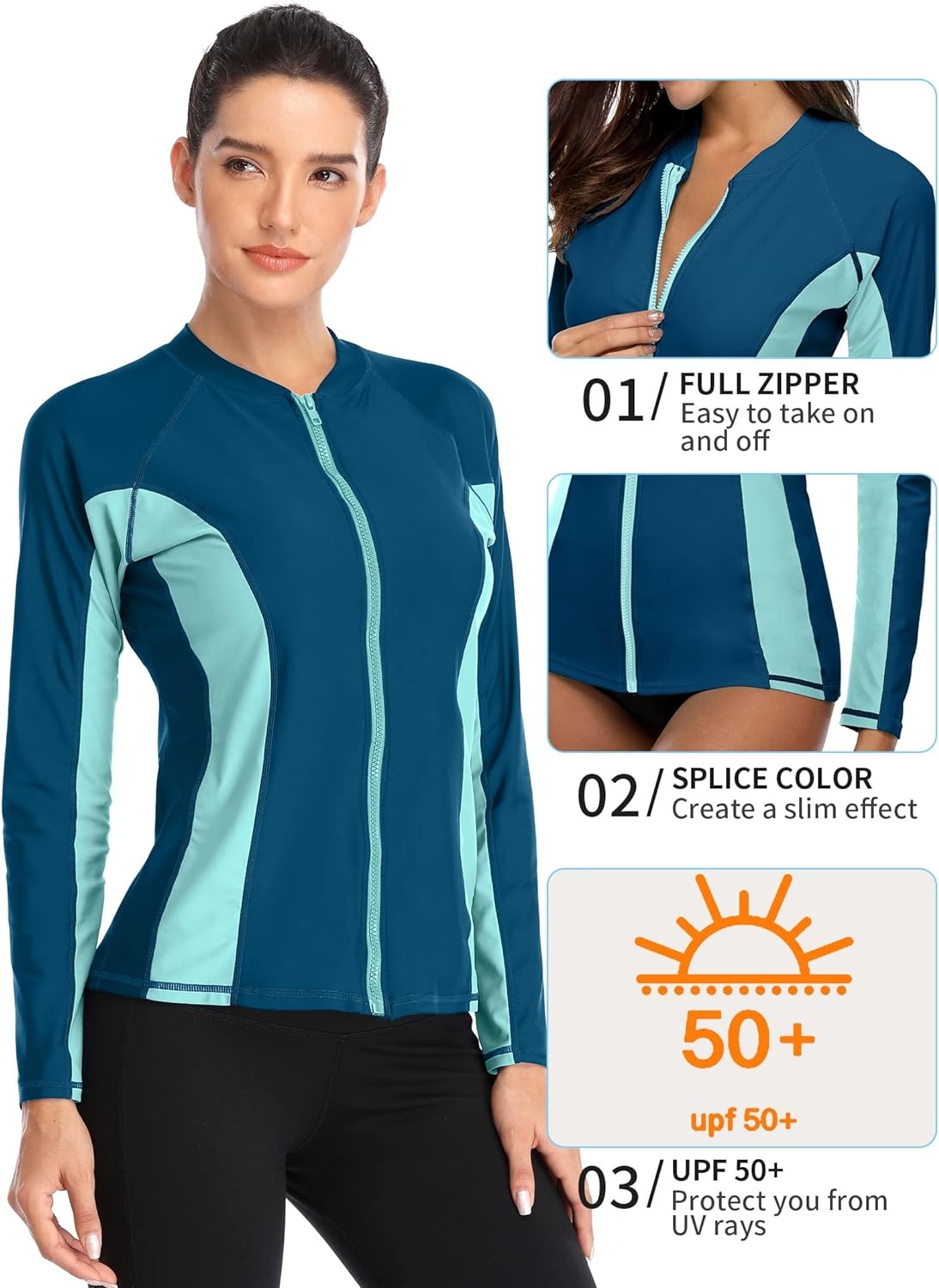 Chapeaux de bain Rashguard pour femmes Zip Front Sun Protection Shirt Upf 50+