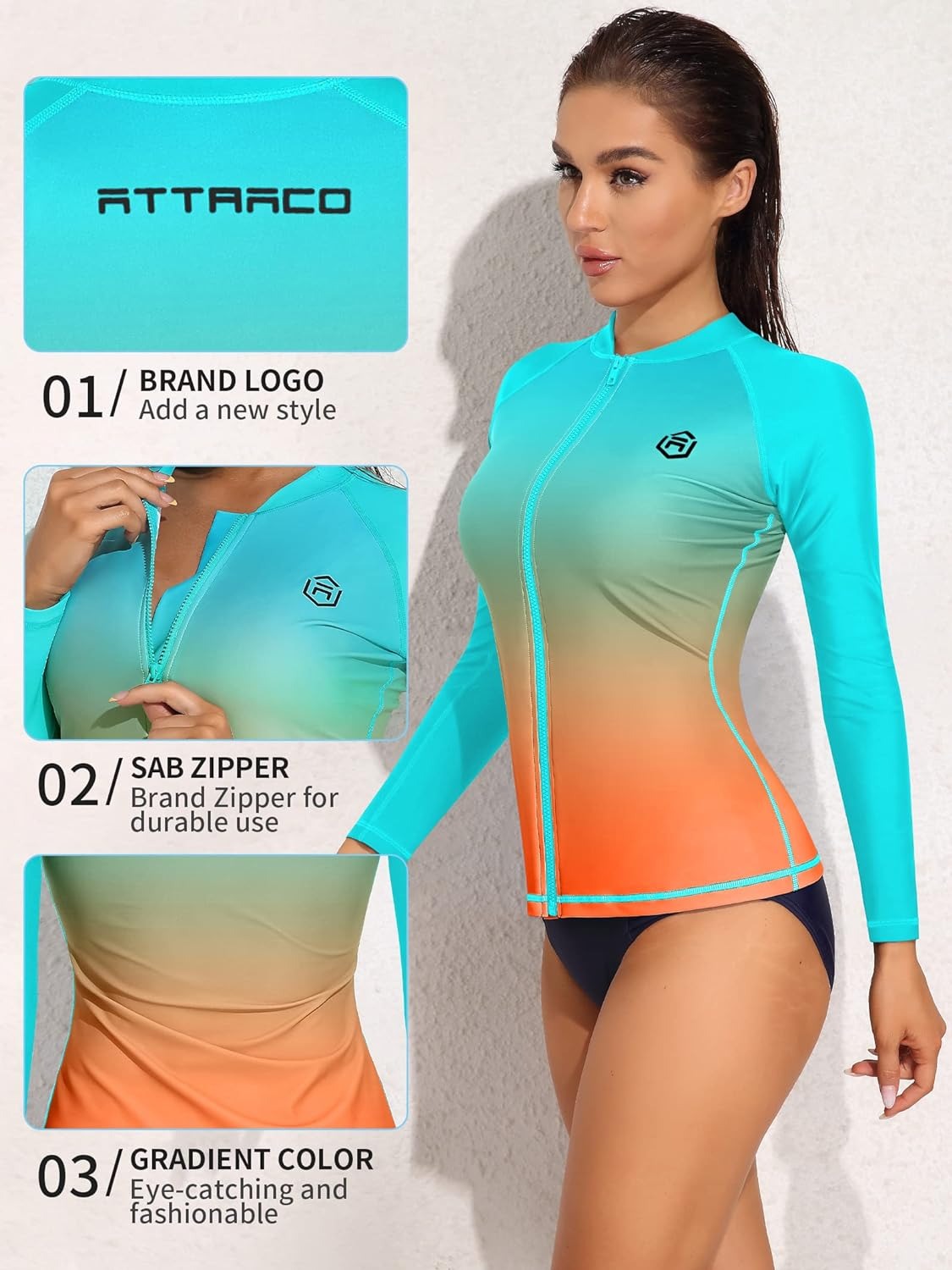 Camicia da bagno a manica lunga con cerniera a gradiente di colore UPF50 Rash Guard