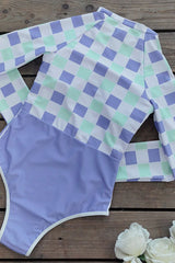 Purple-Green Block Plaid Printed Long Sleeve Swimsuit UPF50+ Rash Guard