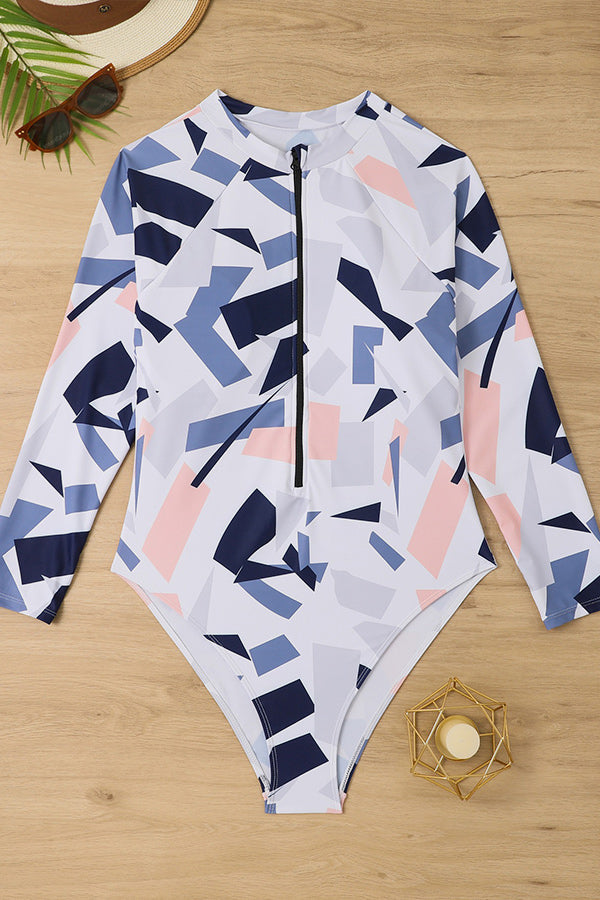 Plus Irregular Geometric White Print Long Sleeve Swimsuit UPF50+ Rash Guard