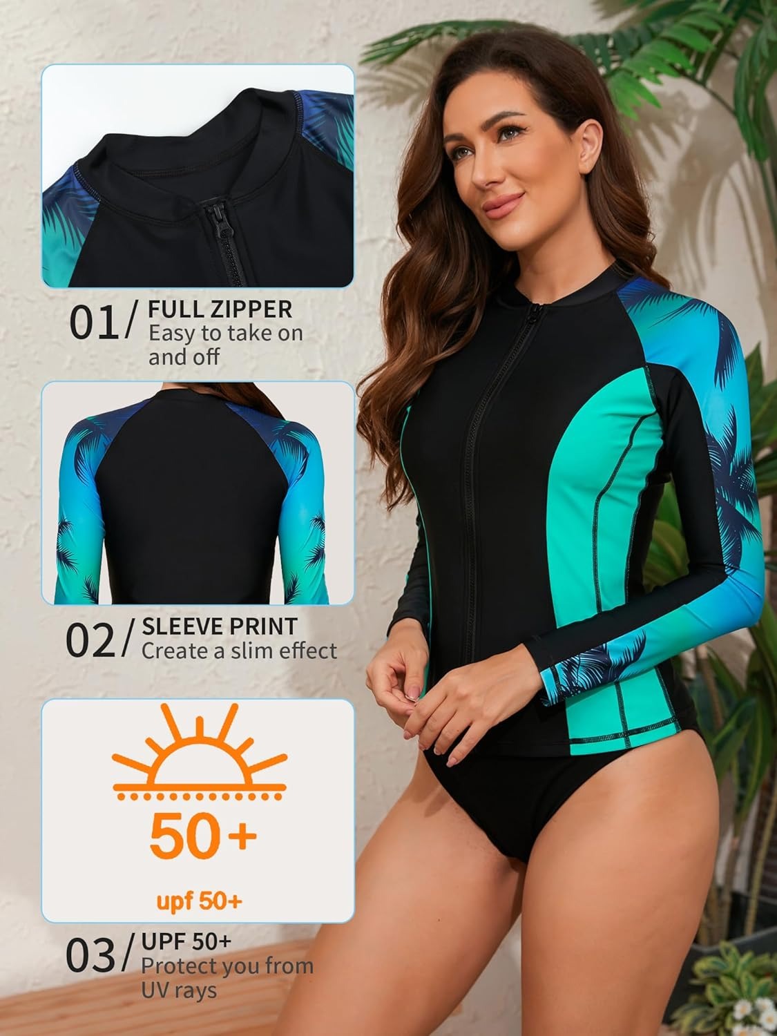 Coconut Tree Print Aqua Gradient Long Sleeve Swim Shirt UPF50+ Rash Guard