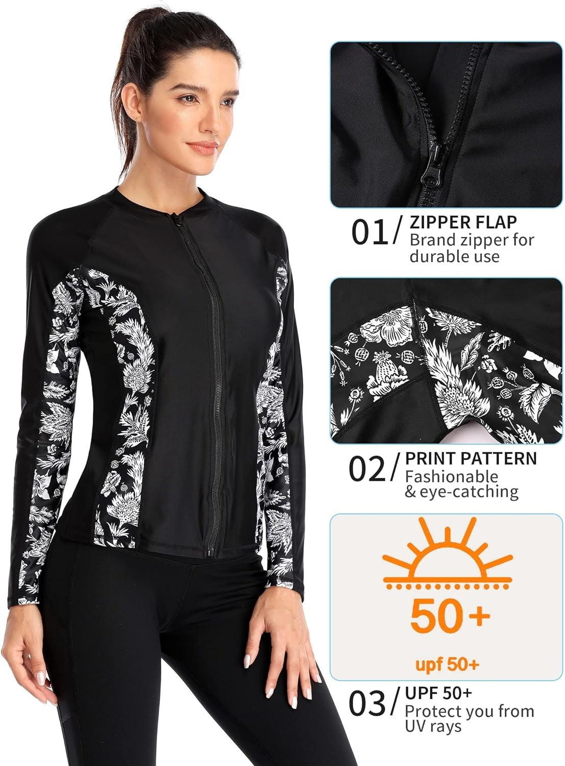 Black Long Sleeve White Print Swim Shirt UPF50+ Rash Guard