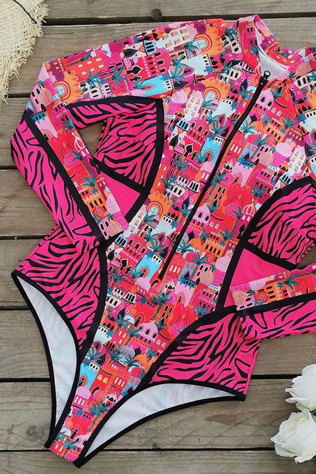 Maillot de Bain Nautique à Manches Longues Grande Taille Imprimé Maison Rose UPF50 Rash Guard