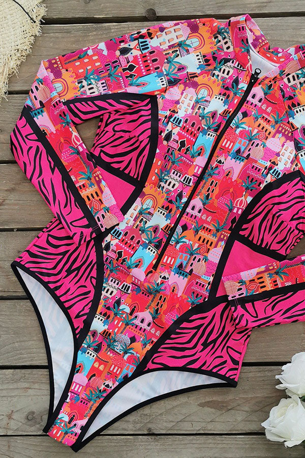 Plus Size Nautical long Sleeve Swimsuit Pink House Print UPF50+ Rash Guard