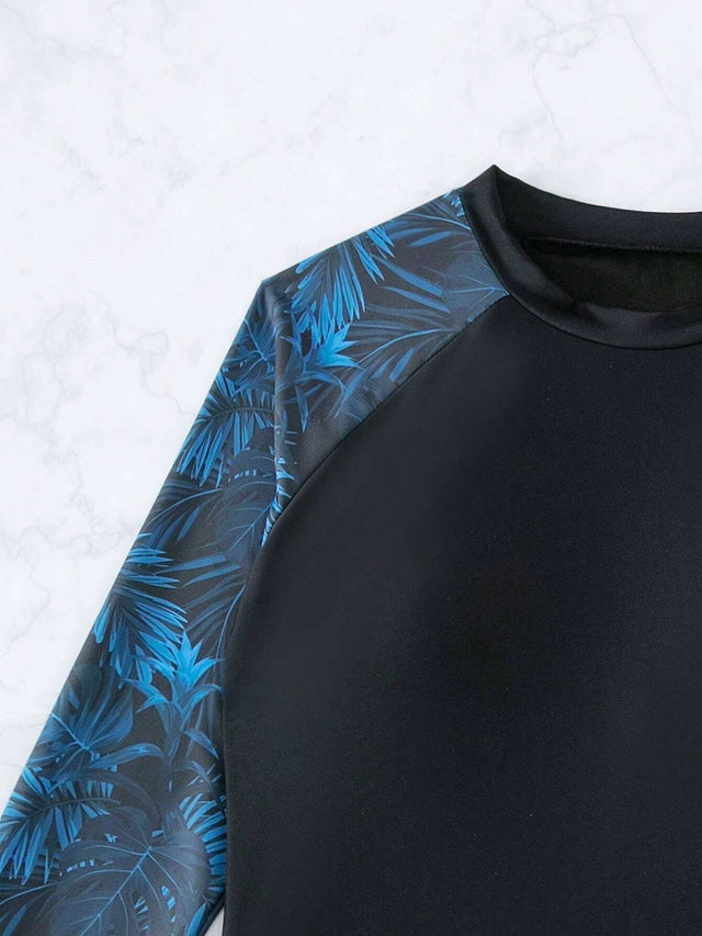 Tropical Print High Neck Shorts Long Sleeve UPF50+ Rash Guard Swimsuit ...